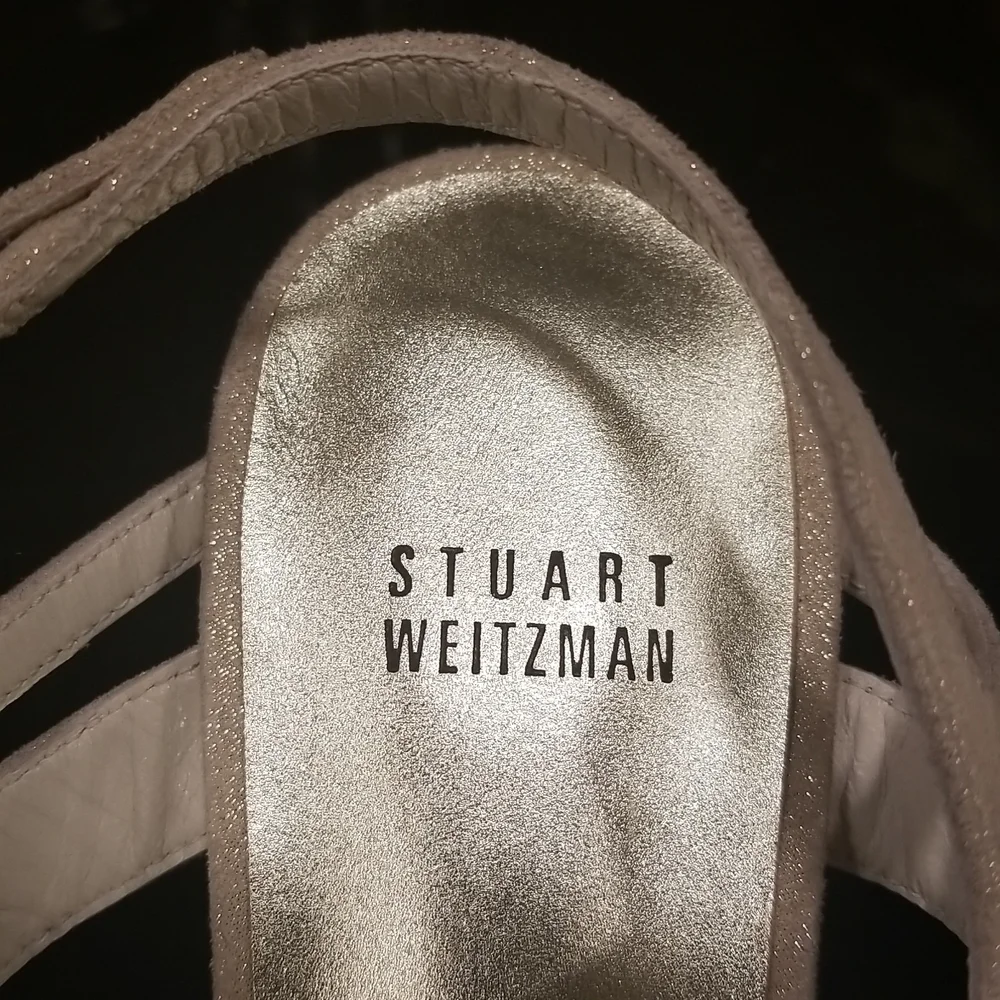 💕STUART WEITZMAN💕 Fireplace Sandal Ankle Strap Heels Light Gold Jewels 9.5